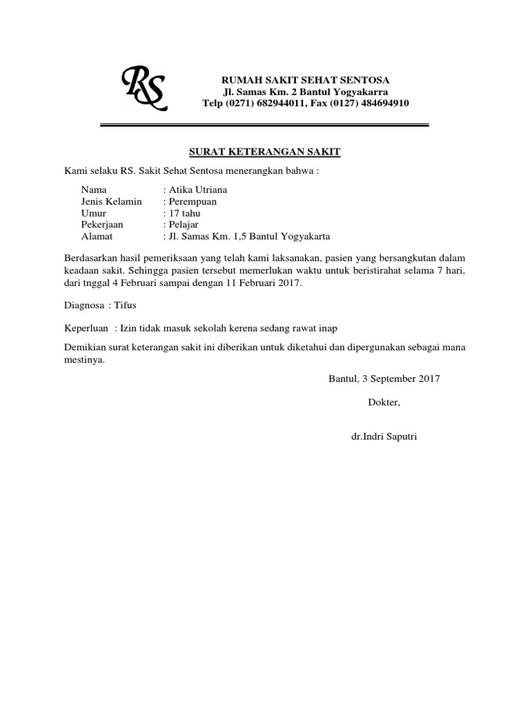 Contoh Surat Keterangan Sakit
