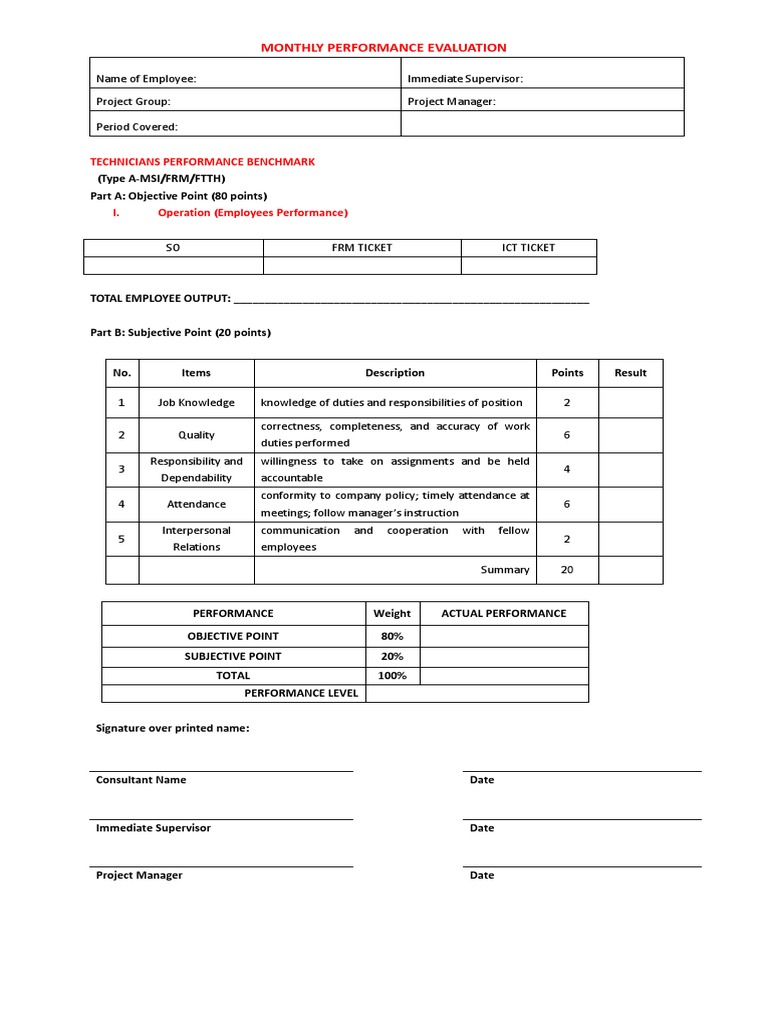Technician Performance Evaluation Template Performance Appraisal