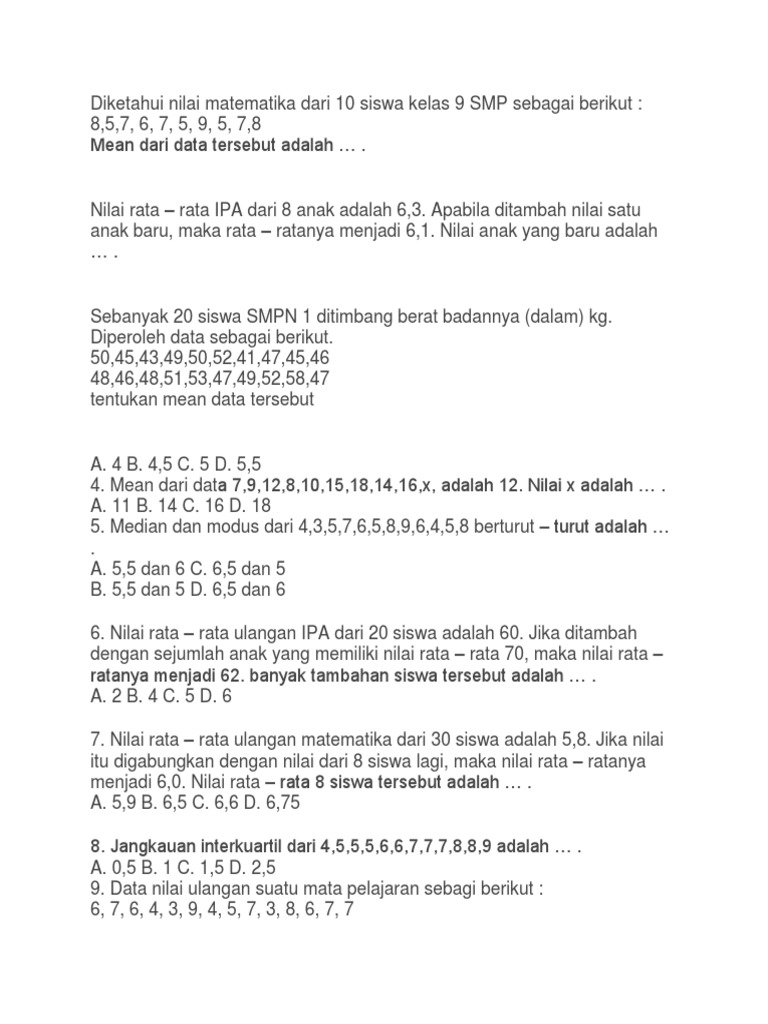 Diketahui Nilai Matematika Dari 10 Siswa Kelas 9 Smp Sebagai Berikut Pdf