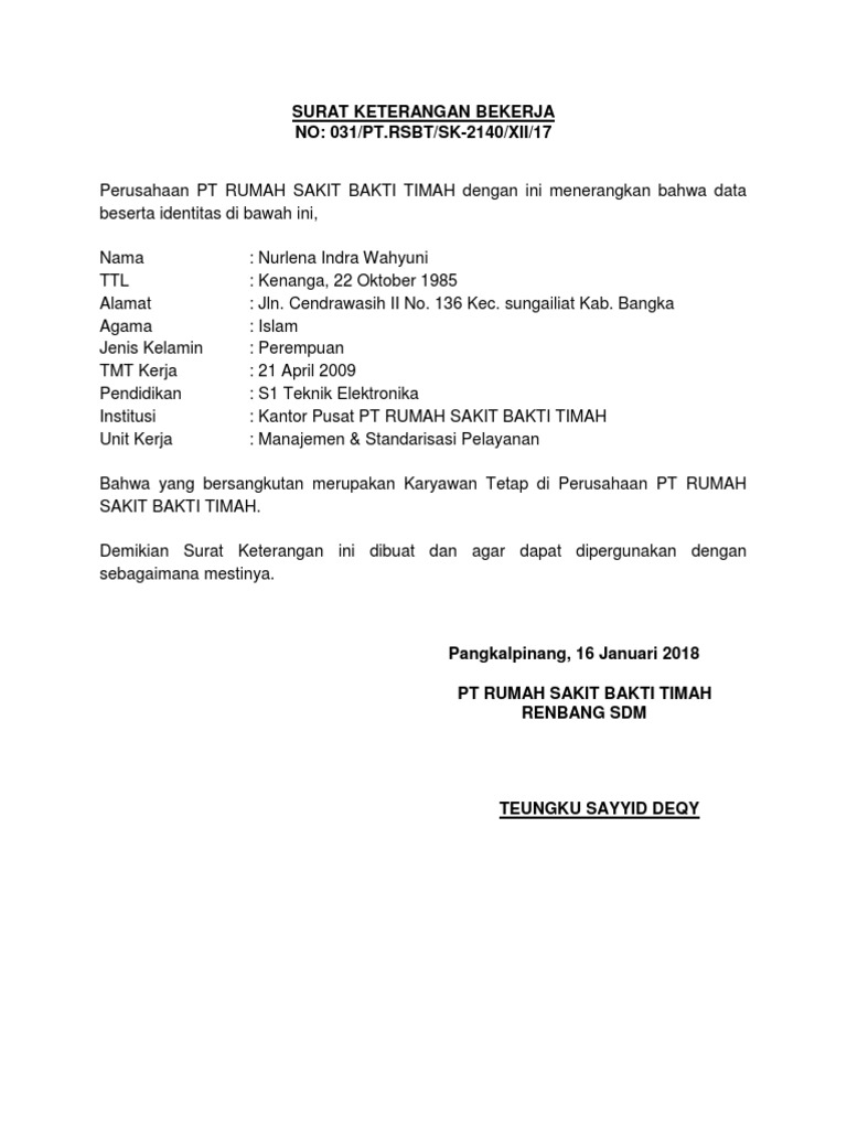 contoh Surat Keterangan Bekerja contoh Surat Keterangan Bekerja