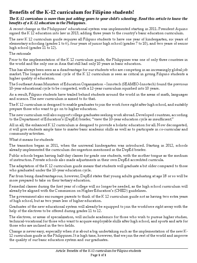 Benefits of K12 PDF PDF Kindergarten Curriculum