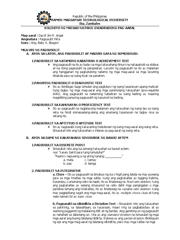 Mga Uri NG Pagsusulit | PDF