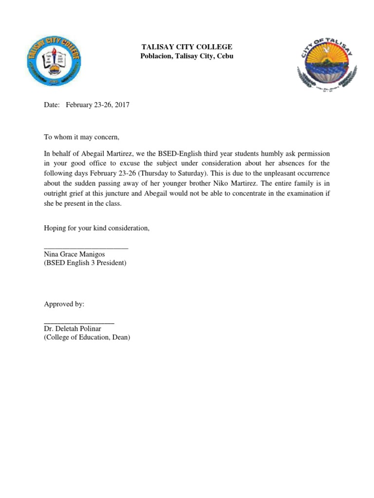 Excuse Letter for Student Absence | PDF | Wellness