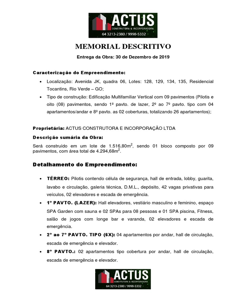 Memorial Descritivo - Edifi?Cio Gran Vision | PDF | Projeto ...