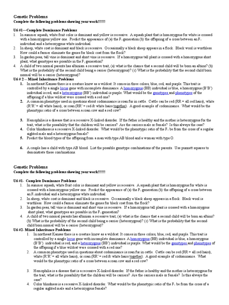 Genetic Problems Assignments 1 and 2 | PDF | Dominance (Genetics ...