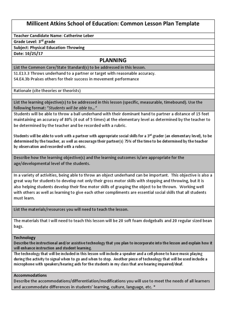 Underhand Lesson Plan 2017 Pdf Classroom Management Lesson Plan