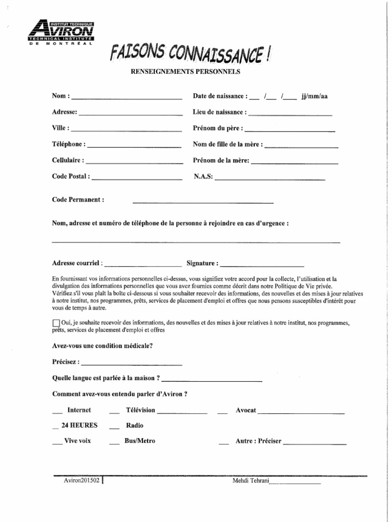 Formulaire de Demande D'admission Avirontech | PDF