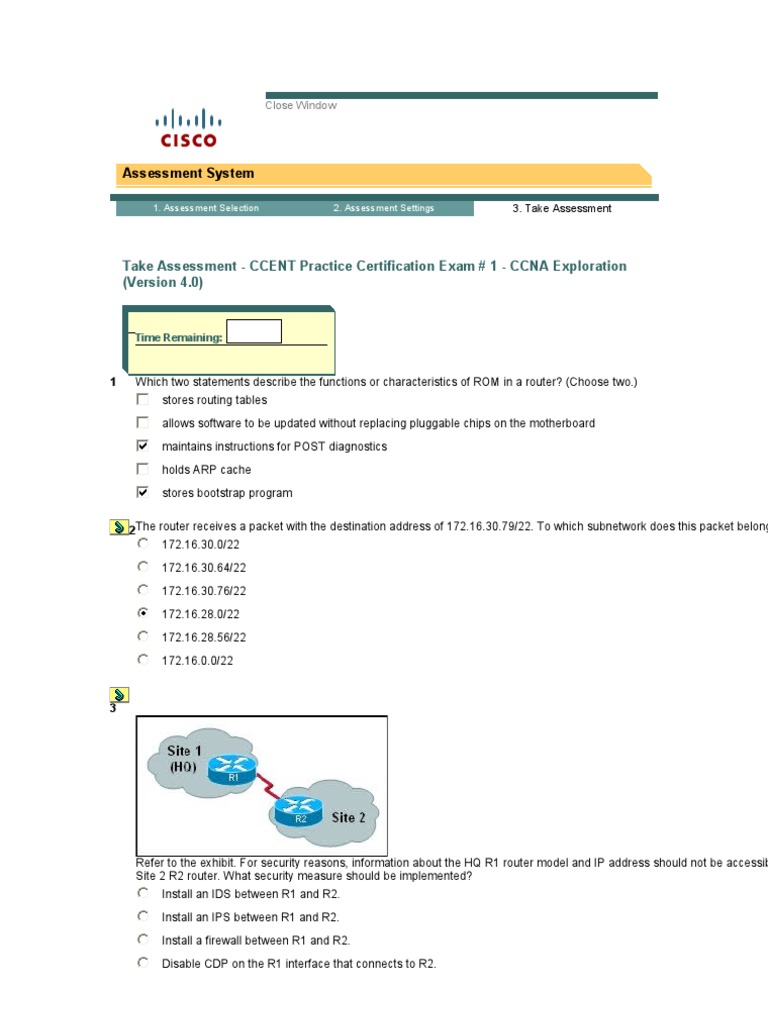 CCENT Practice Certification Exam 1 | PDF | Router (Computing) | Ip Address