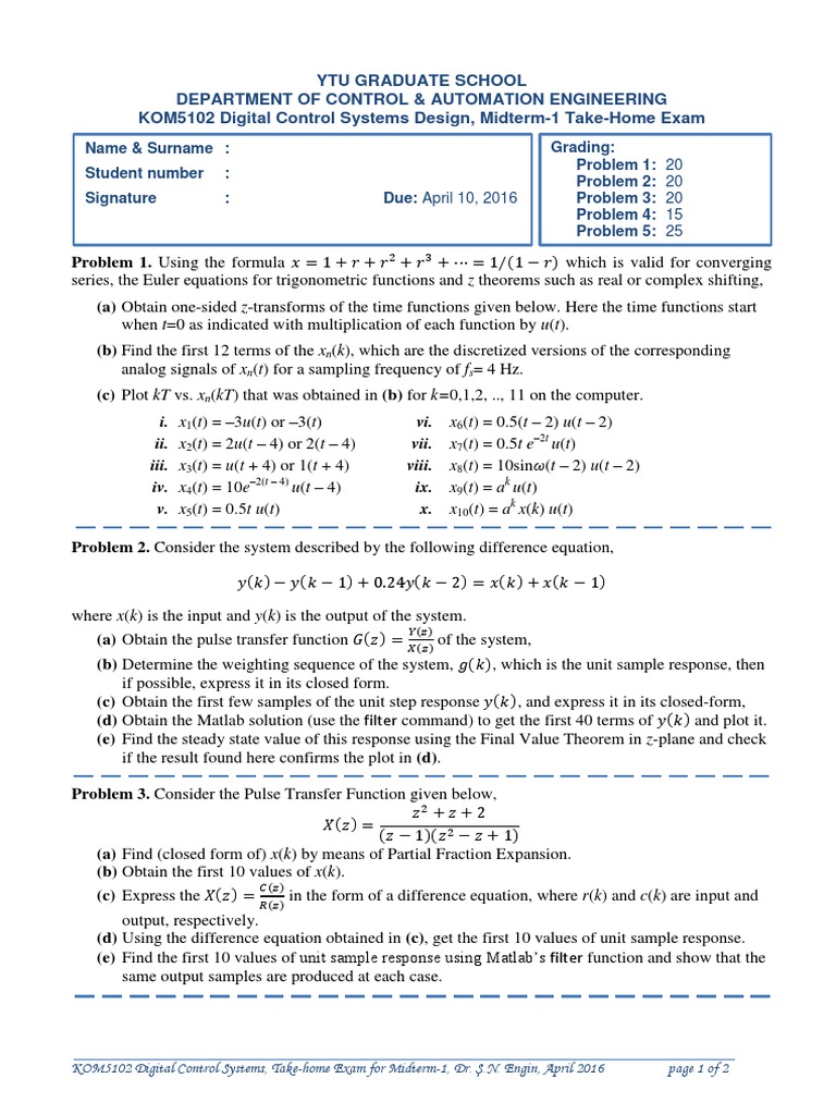 KOM5102 Digital Control Systems Exam | PDF | Cybernetics | Control Theory
