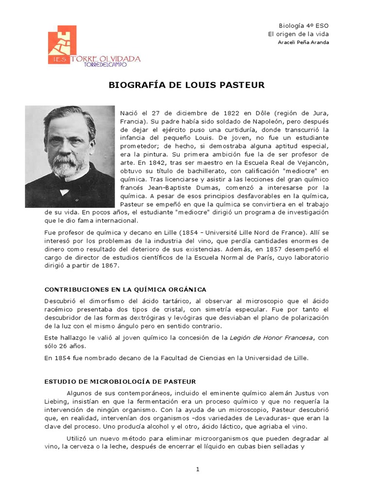 Louis Pasteur: Pionero de la Microbiología | PDF | Luis Pasteur ...