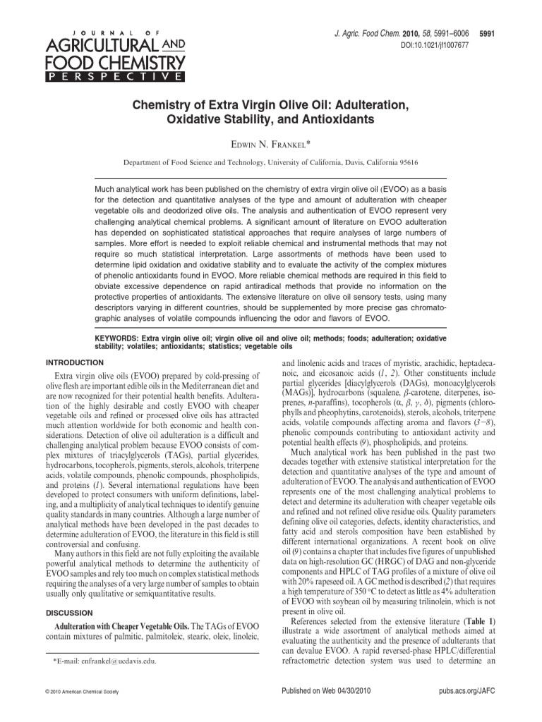 Chemistry of Extra Virgin Olive Oil Adulteration, Oxidative Stability ...