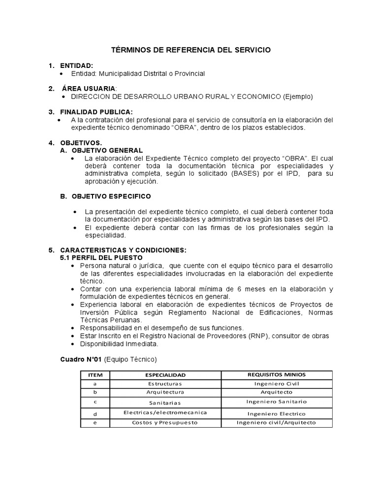 Ejemplos de Tdr  Presupuesto  Diseño