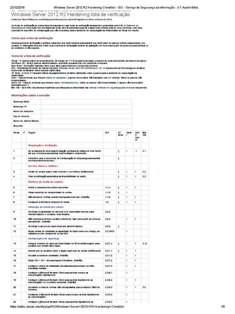 Windows Server 2012 R2 Hardening Checklist IsO Servi o De Seguran a