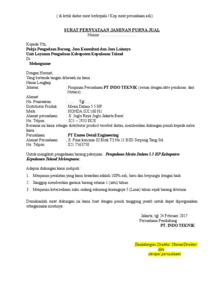 Surat Jaminan Purna Jual
