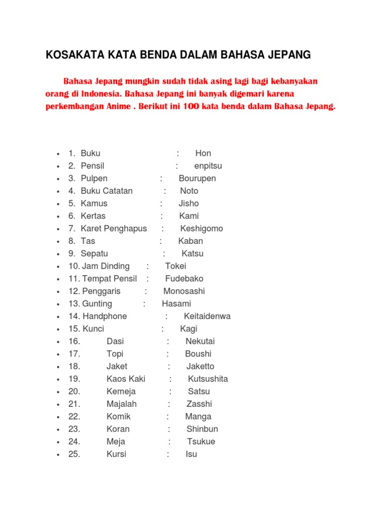 Kata Benda Bahasa Jepang