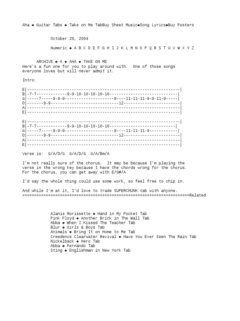 Aha U Guitar Tabs U Take On Me Tab2