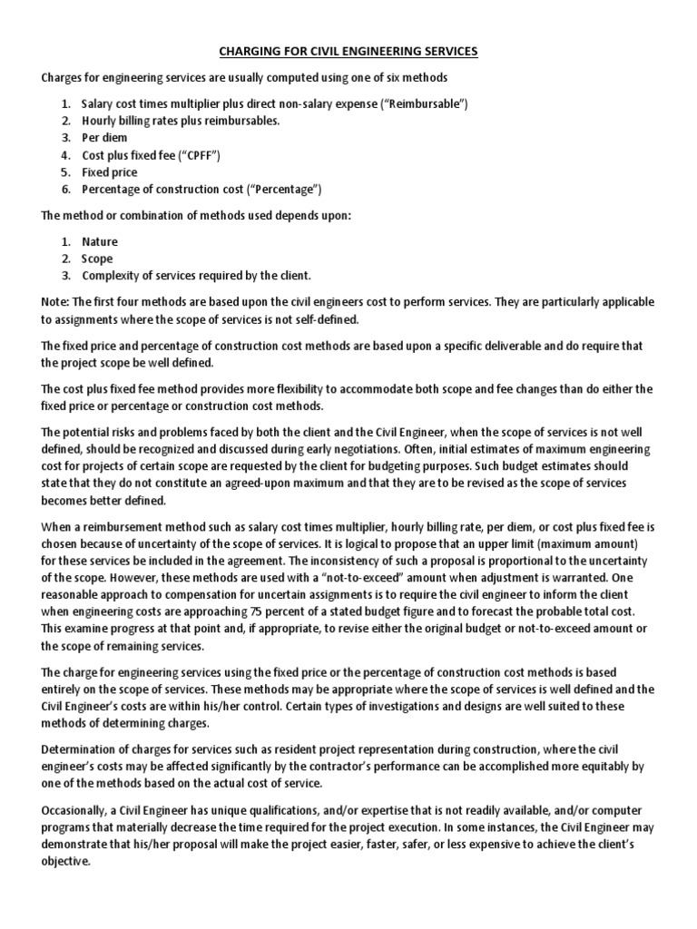 Civil Engineering Service Charge Methods | PDF | Per Diem | Telescopic ...