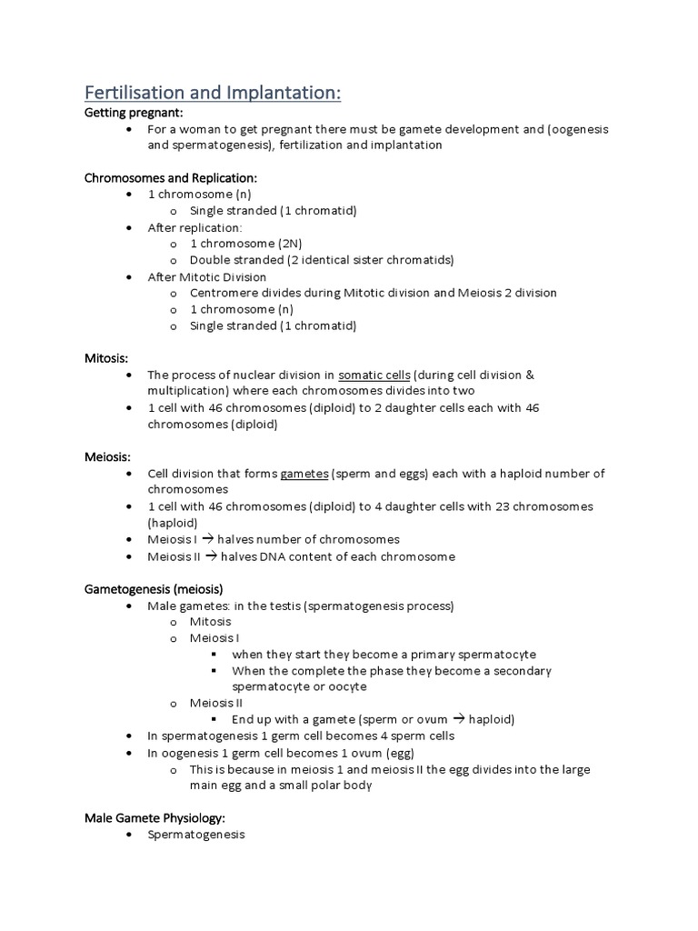 Fertilisation Implantation Notes | PDF | Meiosis | Chromosome