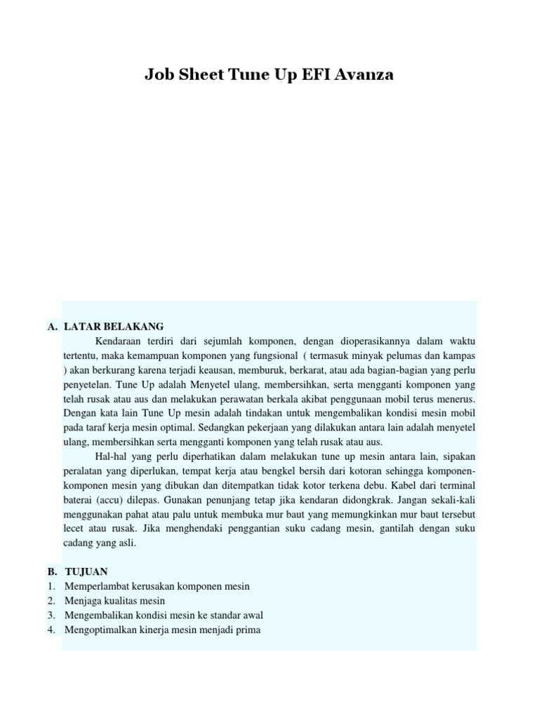Job Sheet Tune Up Efi Avanza