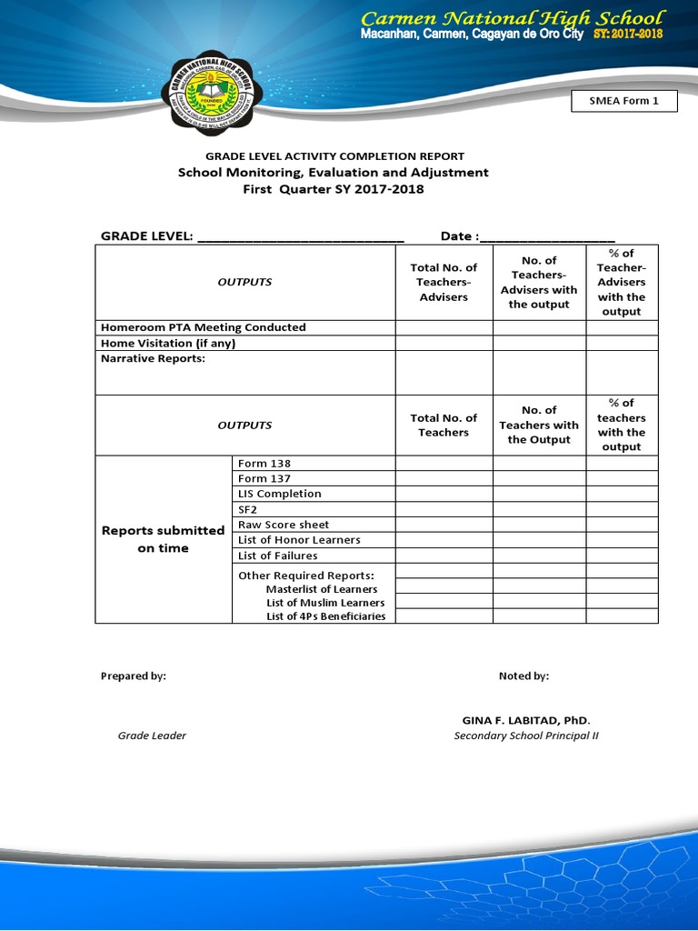 Grade Level Activity Completion Report | PDF | Schools | Quality Of Life