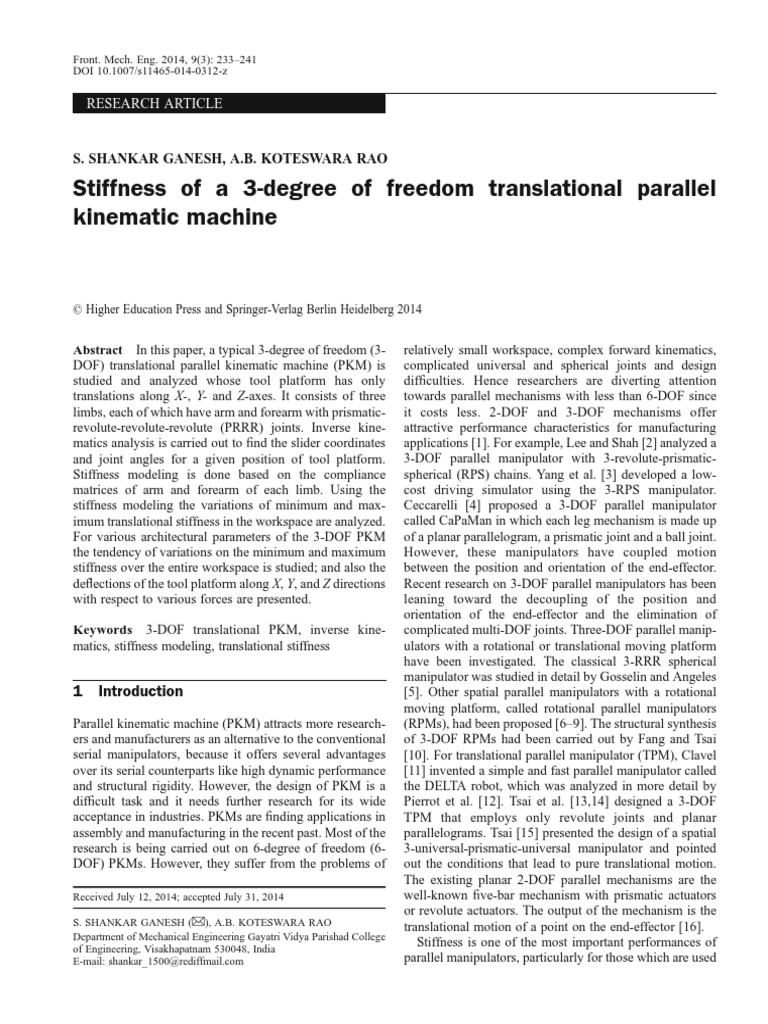 Stiffness of A 3-Degree of Freedom Translational Parallel Kinematic ...