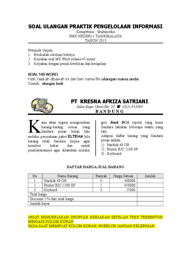 Contoh Soal Uji Praktik Word