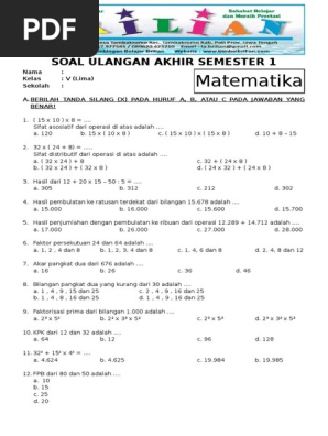 Soal Uas Matematika Kelas 5 Sd Semester 1 Ganjil Dan Kunci Jawaban