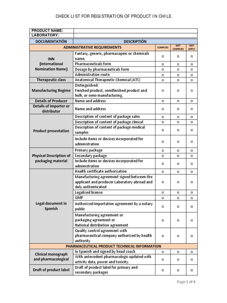 Requirement Registration of Pharmaceutical Product, Check List Chile (1