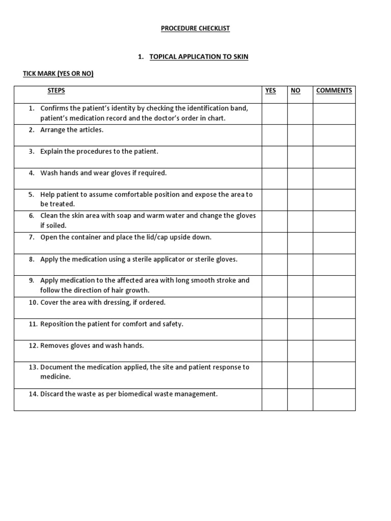 Topical Medication Application Checklist | PDF | Hand Washing | Medicine