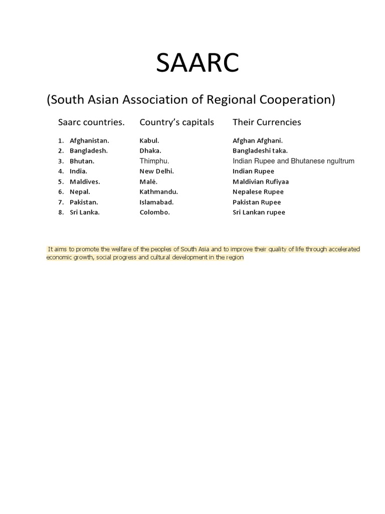 SAARC Countries and Their Capitals | PDF