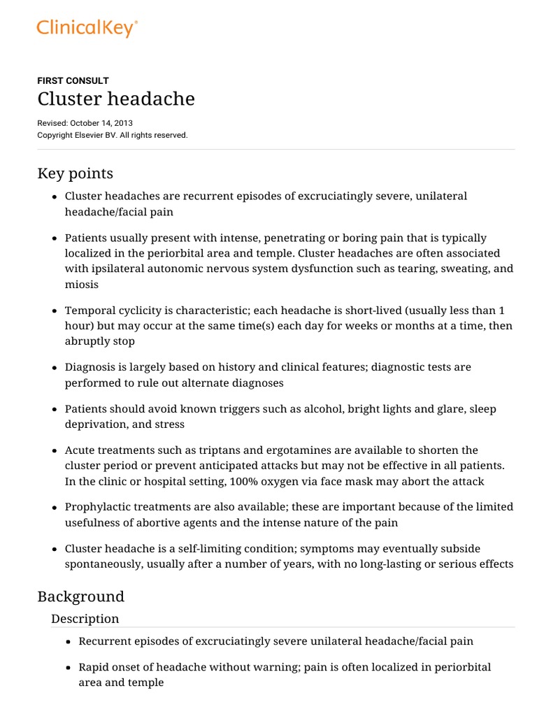 Cluster Headache ClinicalKey PDF Headache Migraine