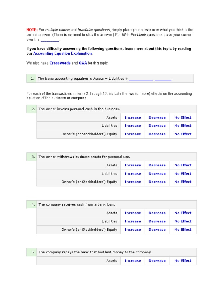 Accounting Equation Practice Questions | PDF | Debits And Credits | Bad ...