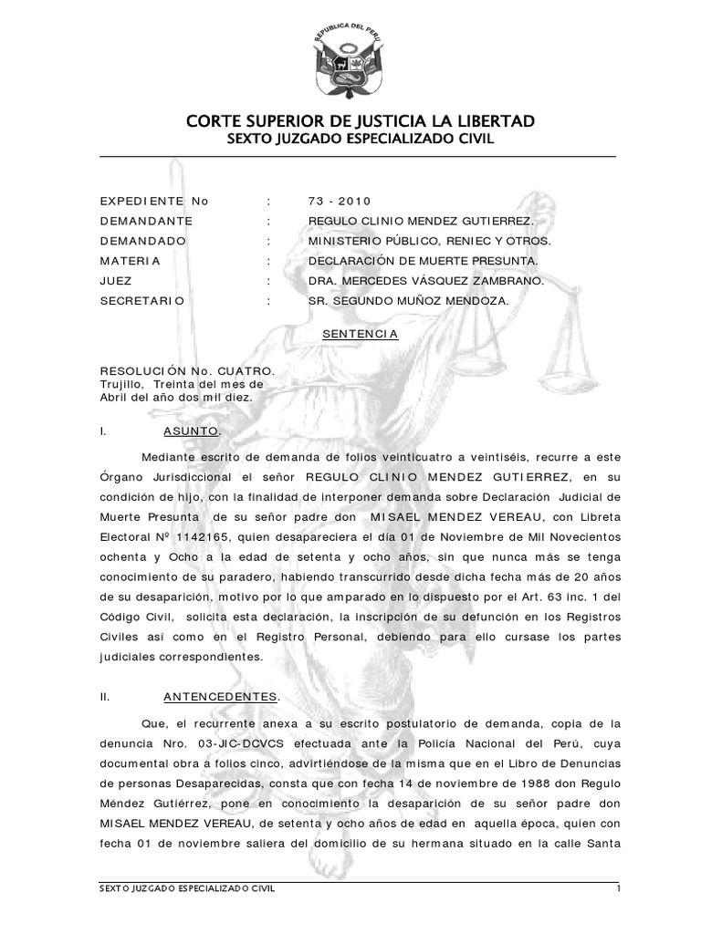 Exp. #0073-10 Declaracion de Muerte Presunta | PDF | Ley procesal