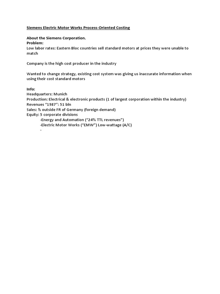 Siemens Electric Motor Works ProcessOriented Costing PDF Siemens