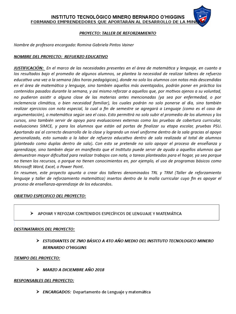 Proyecto Taller Refuerzo Escolar Ensenanza De Matematica Cognicion