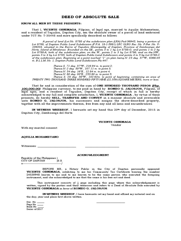 Deed Of Absolute Sale Philippines Sample