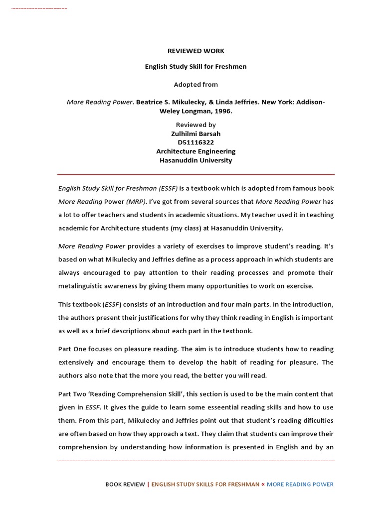Review of English Study Skills for Freshmen | PDF | Reading ...