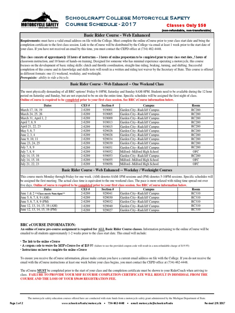 Schoolcraft College Motorcycle Safety Course Schedule - 2017 | PDF