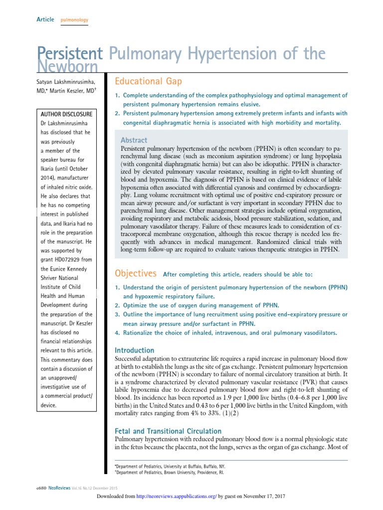 Persistent Pulmonary Hypertension of The Newborn PDF Nitric Oxide