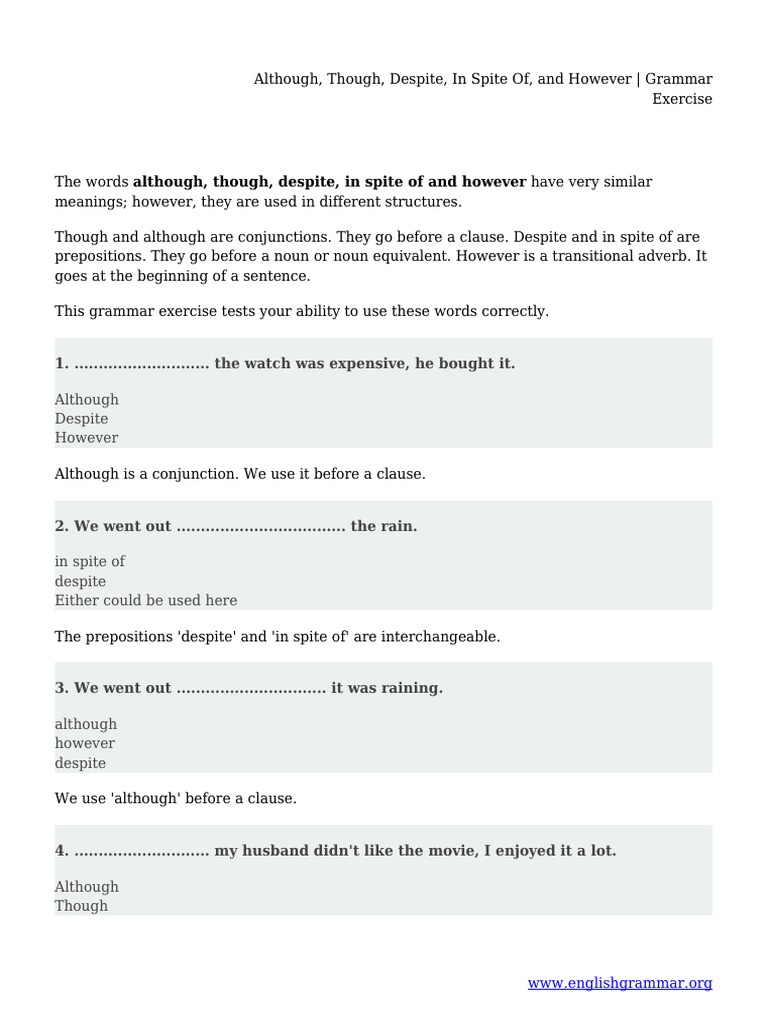 Although Though Despite In Spite Of And However Grammar Exercise Pdf Adverb Preposition And Postposition
