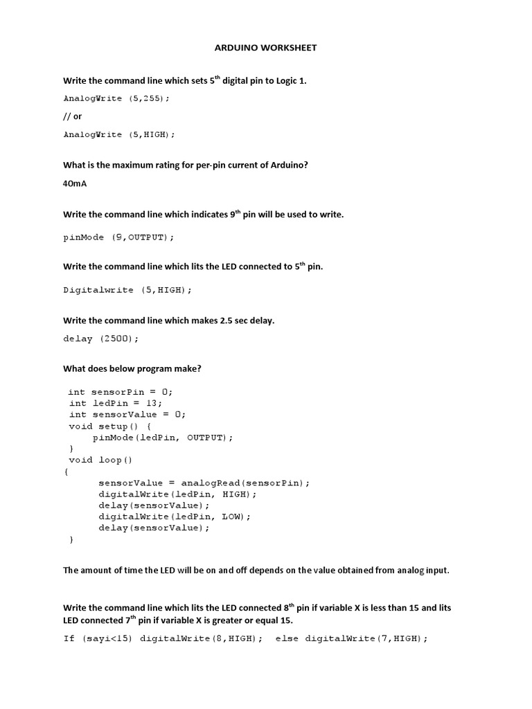 Arduino Worksheet: Control LEDs and Read Sensors | PDF | Areas Of ...