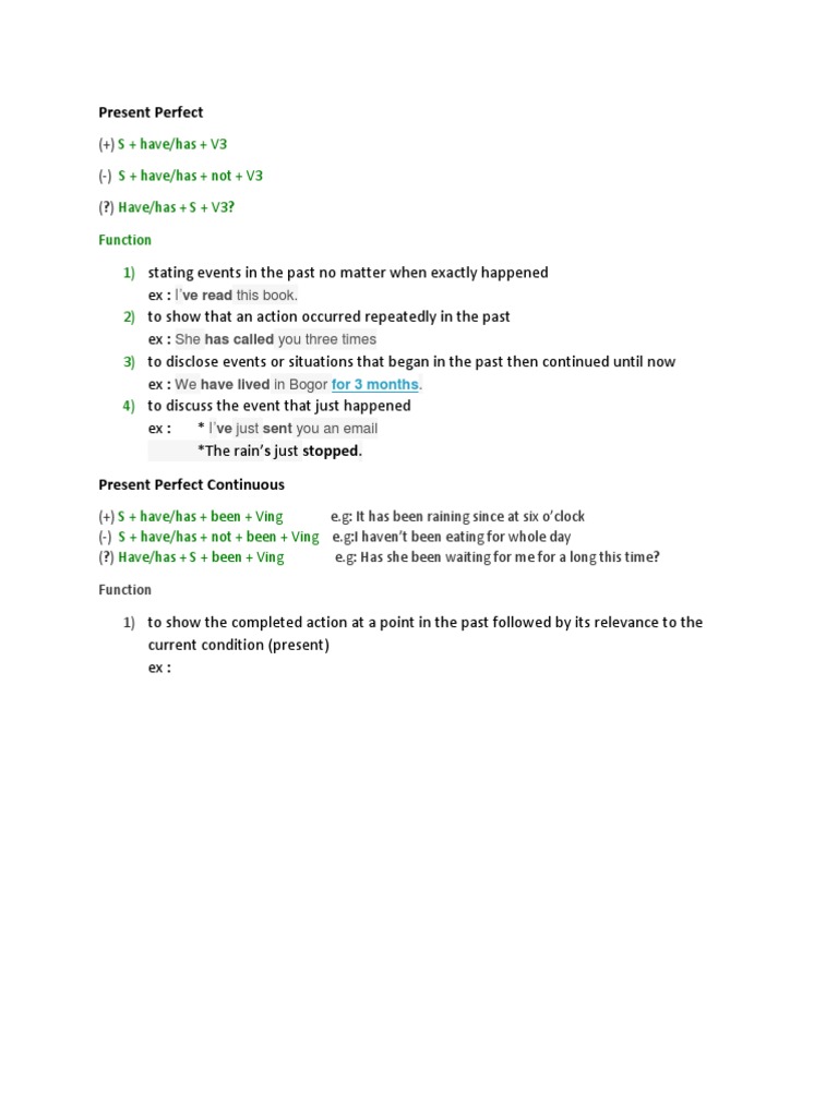 Present Perfect: S + Have/has + V3 S + Have/has + Not + V3 Have/has + S ...