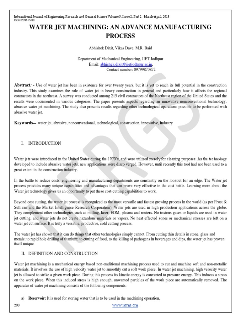 Water Jet Machining An Advance Manufacturing Process Abstract PDF