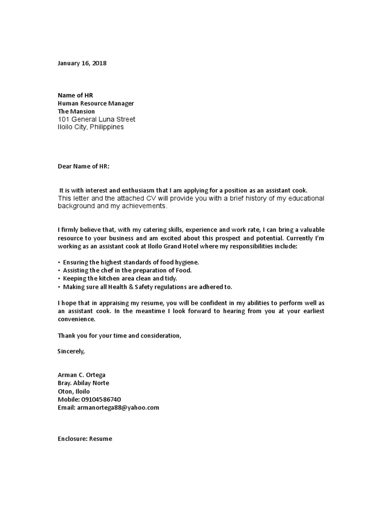 Assistant Cook Cover Letter Pdf Human Resource Management Food And Drink
