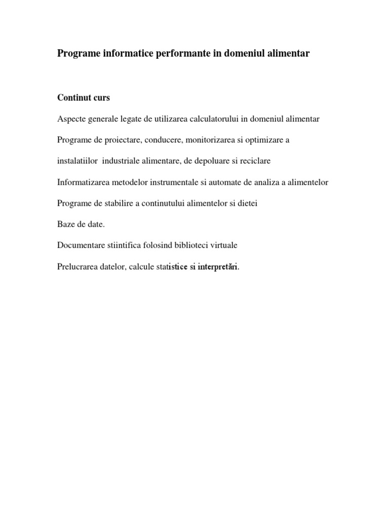 Programe Informatice Performante in Domeniul Alimentar - Note Curs | PDF