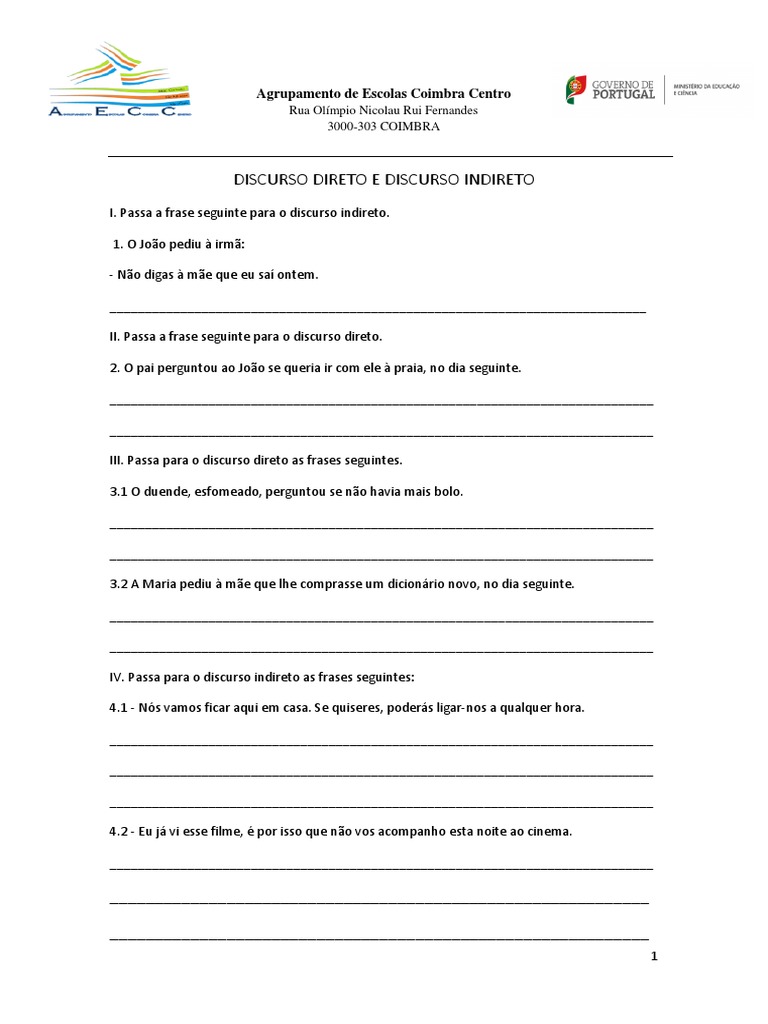 Discurso Direto e Discurso Indireto Exercícios | PDF | Lazer