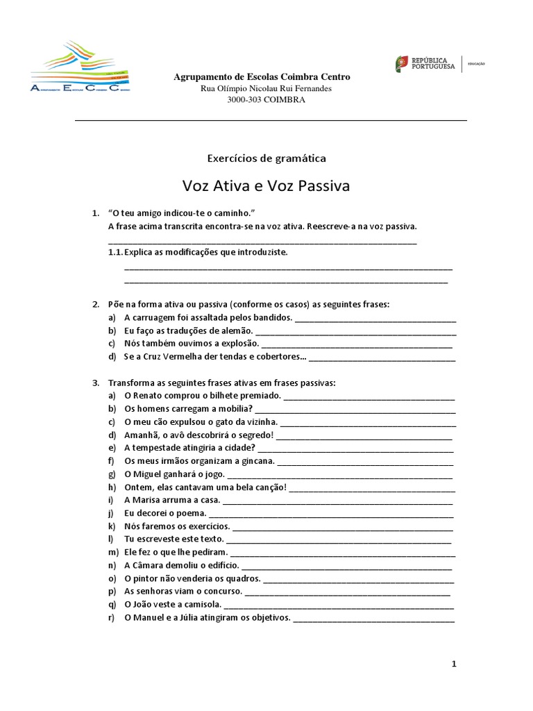 Exercícios de Voz Ativa e Passiva | PDF | Artes Linguísticas e Disciplina