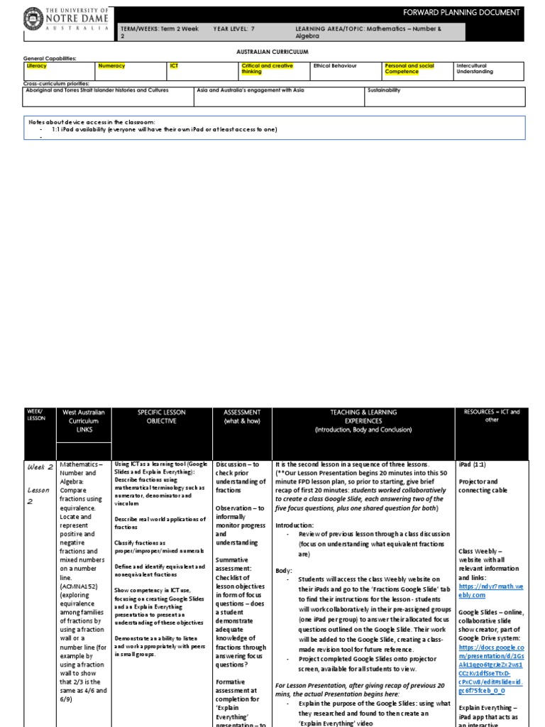 Year 7 Math: Fractions Lesson Plan | PDF | Educational Technology ...