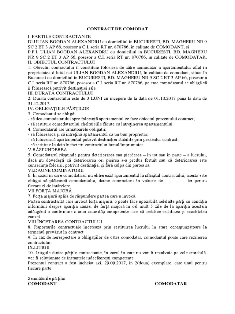 Model de Contract de Comodat | PDF