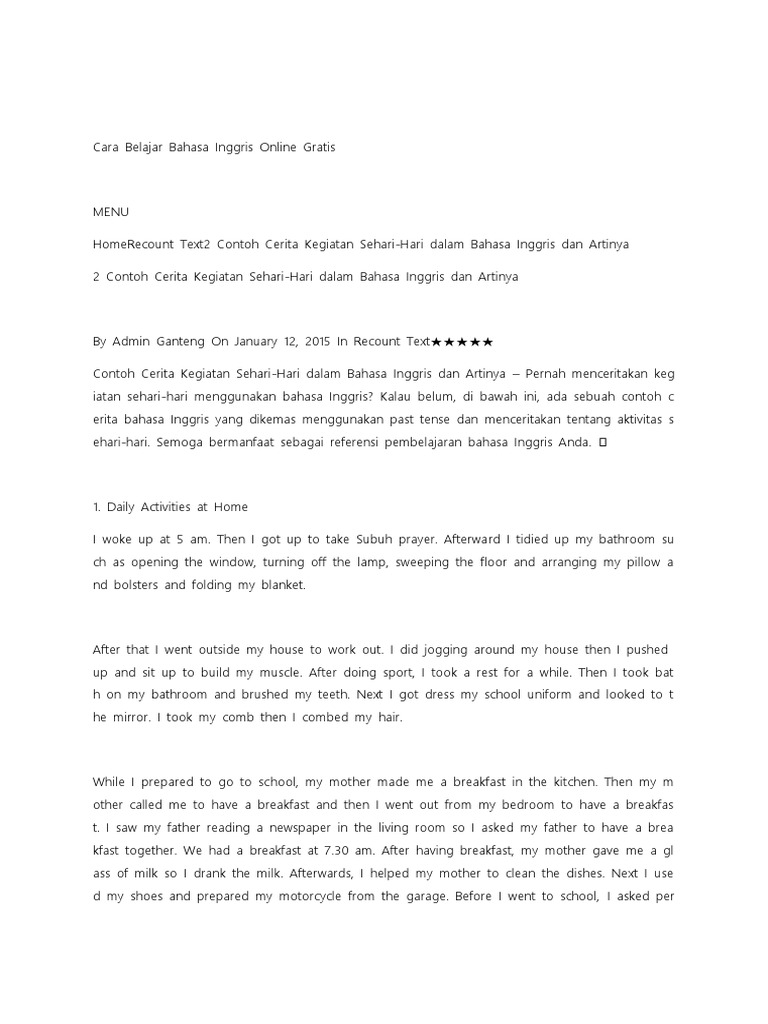 2 Contoh Cerita Kegiatan Sehari Hari Dalam Bahasa Inggris Dan